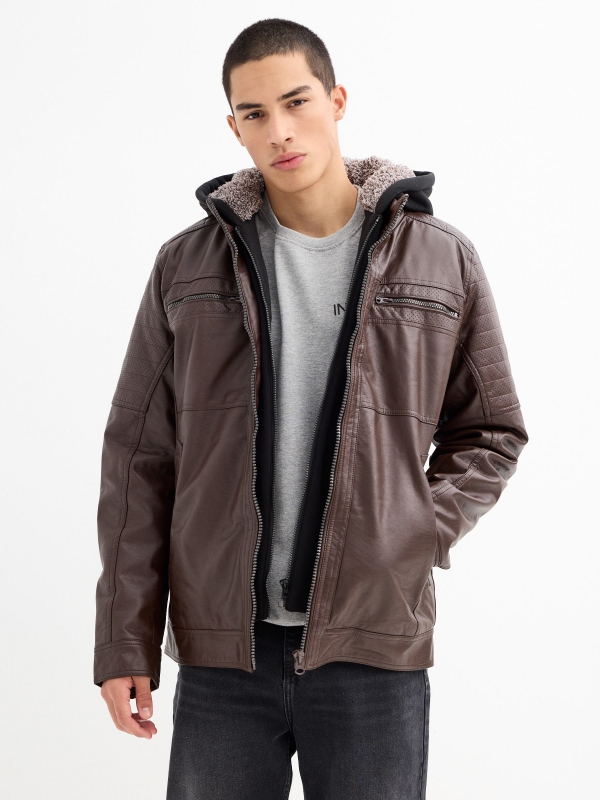 Hooded fur effect jacket with sheepskin hood brown middle front view
