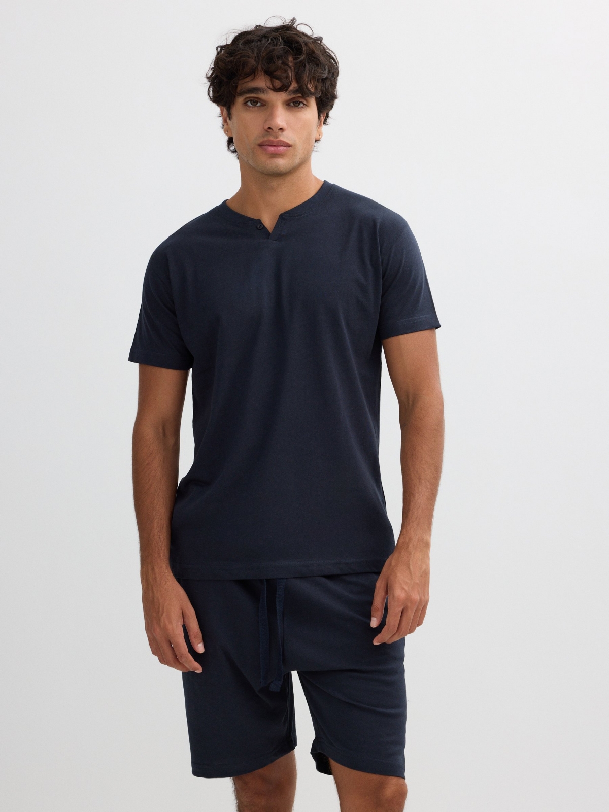 Short plain printed cotton pajamas blue middle back view