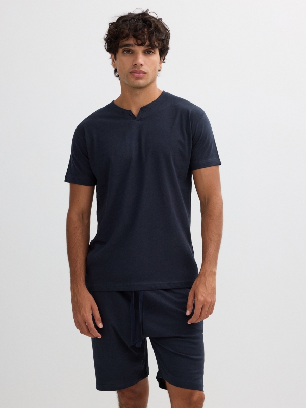 Short plain printed cotton pajamas blue middle back view