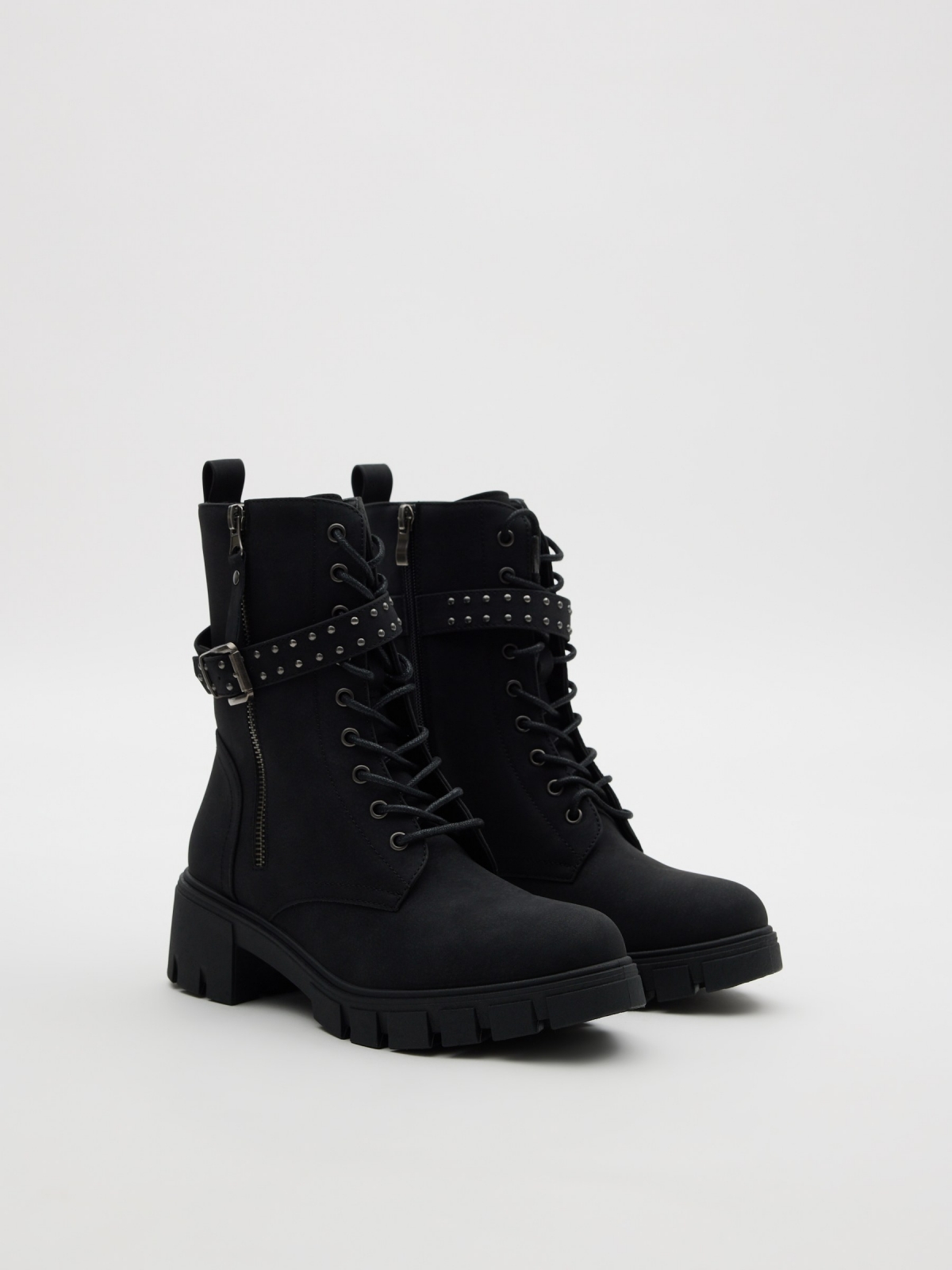 Lace-up studded boot black 45º front view