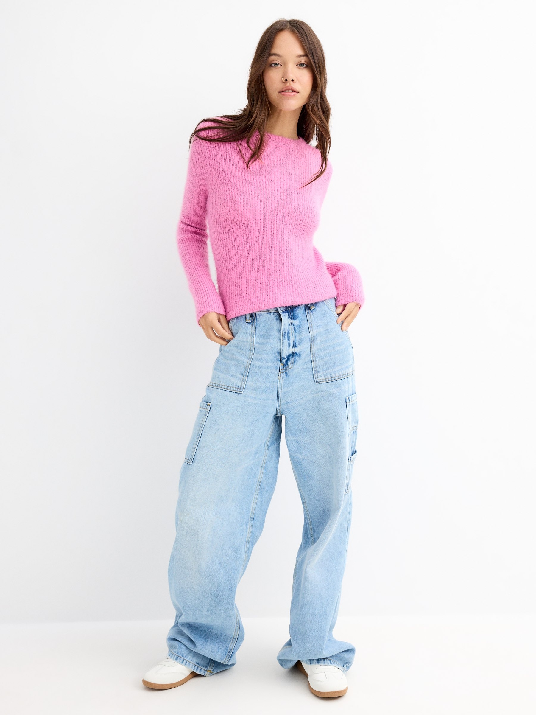 Camisola de pele de lontra pastilha elástica rosa vista meia frontal