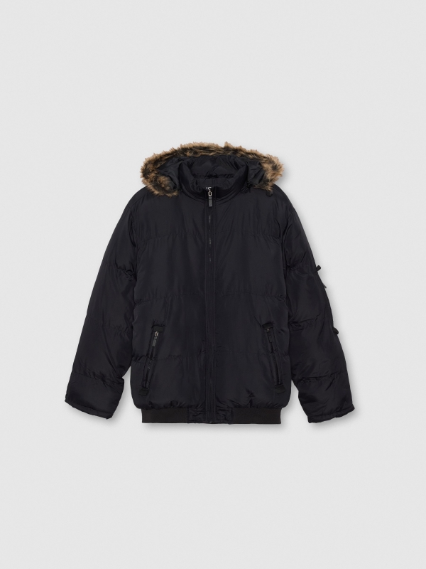  Quilted coat with fur hood black front view