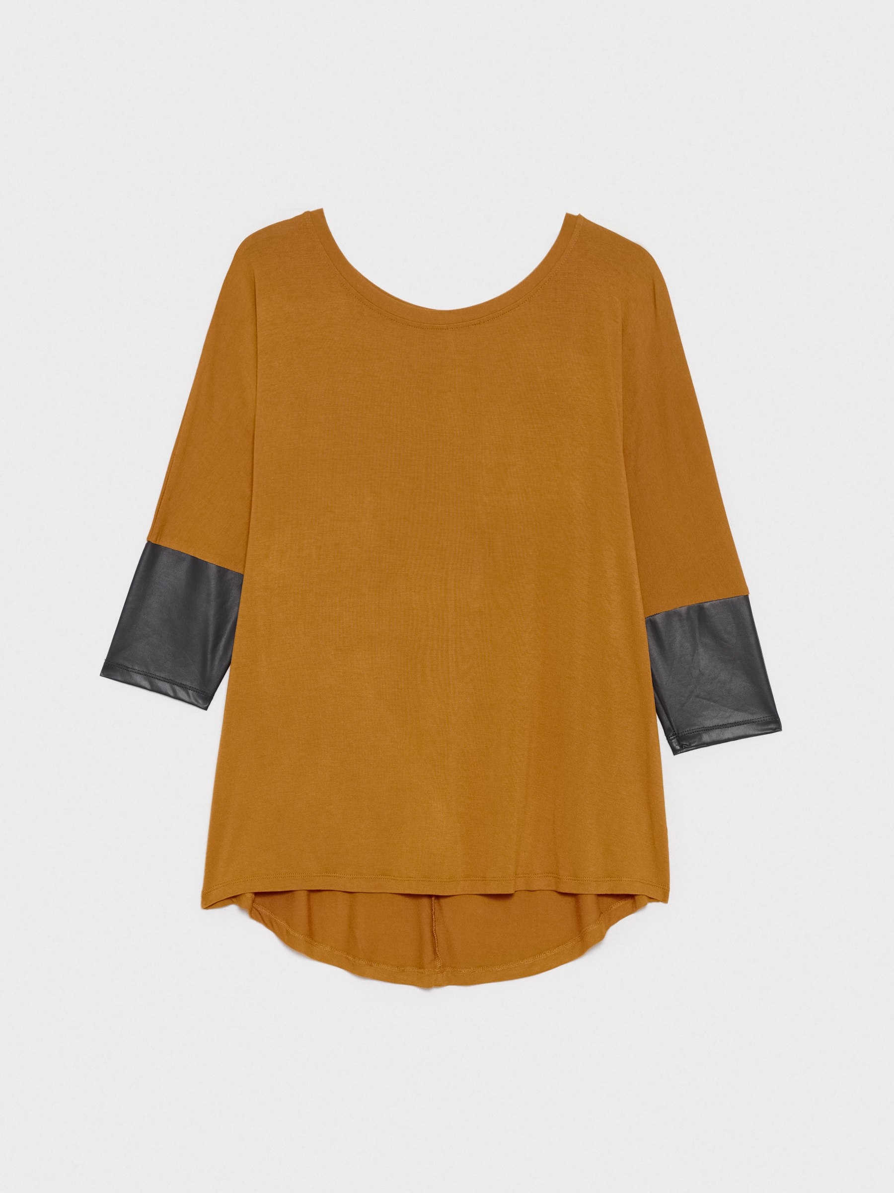 T-shirt with leather effect details mustard middle front view