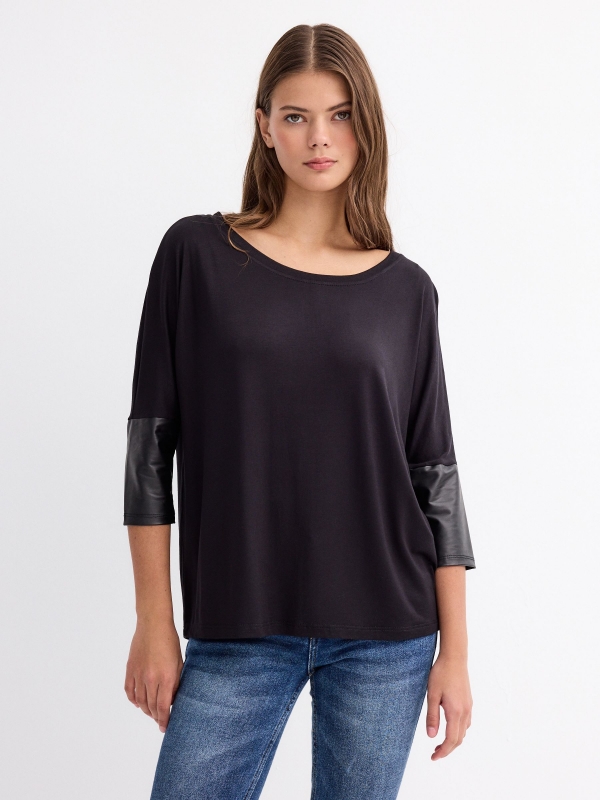 T-shirt with leather effect details black middle front view