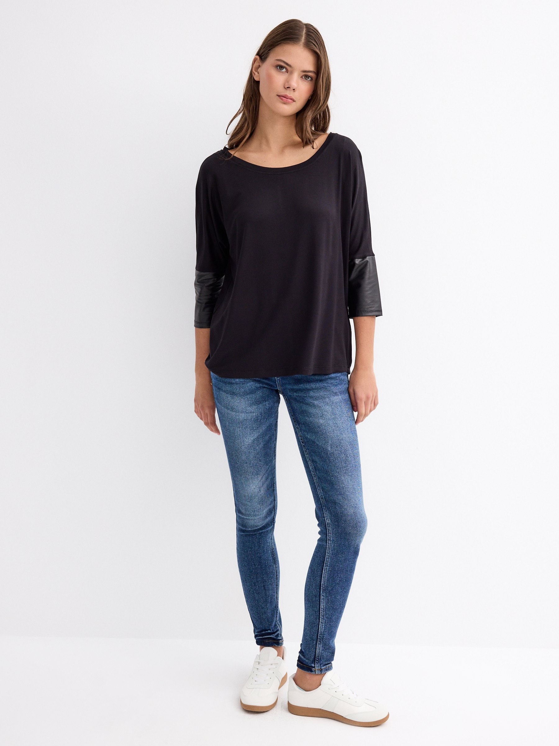 T-shirt with leather effect details black middle front view