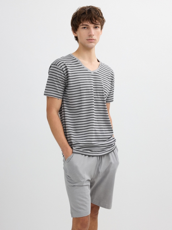 Striped cotton pajama grey front view
