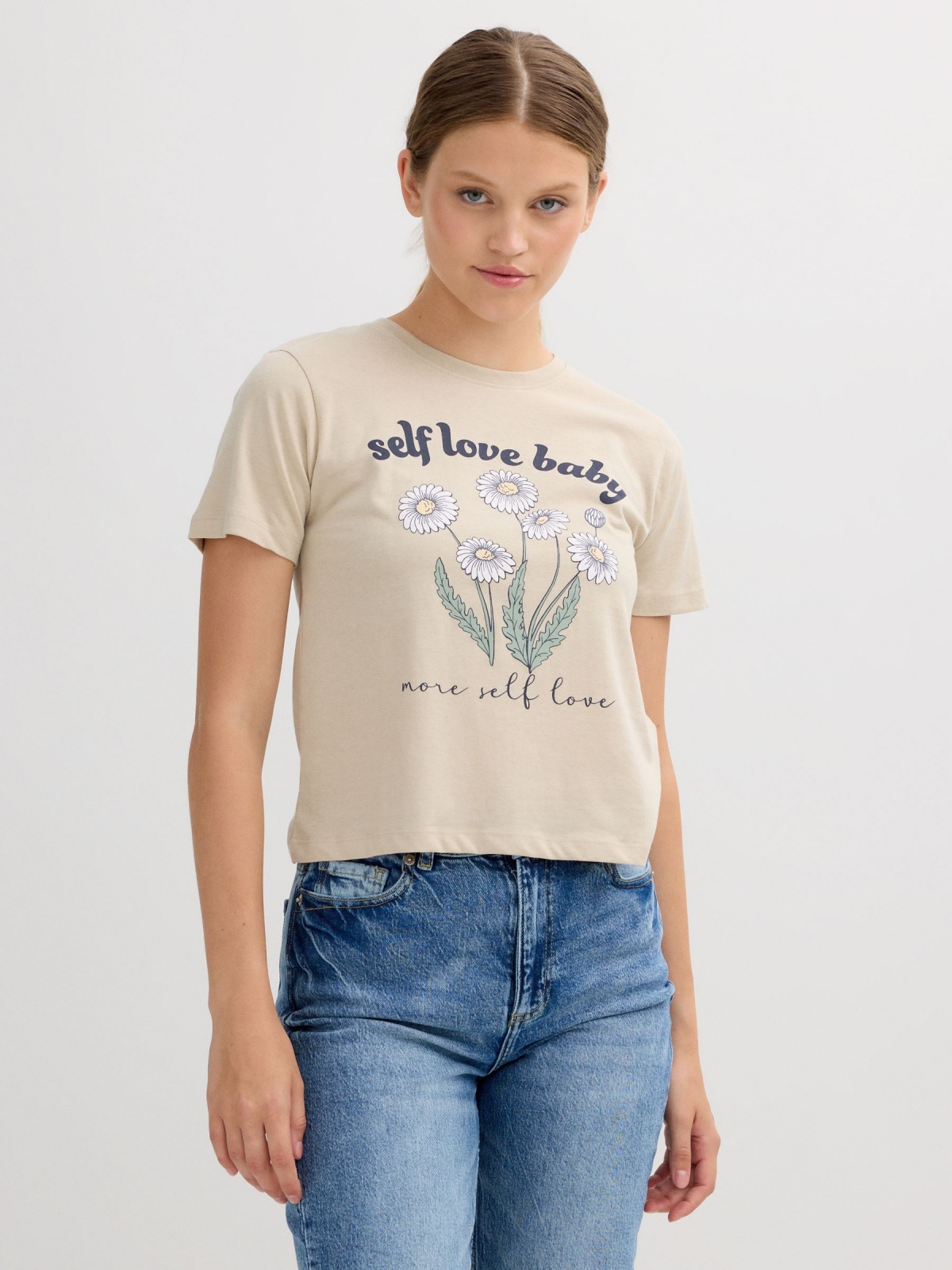 Floral short-sleeve shirt taupe middle front view
