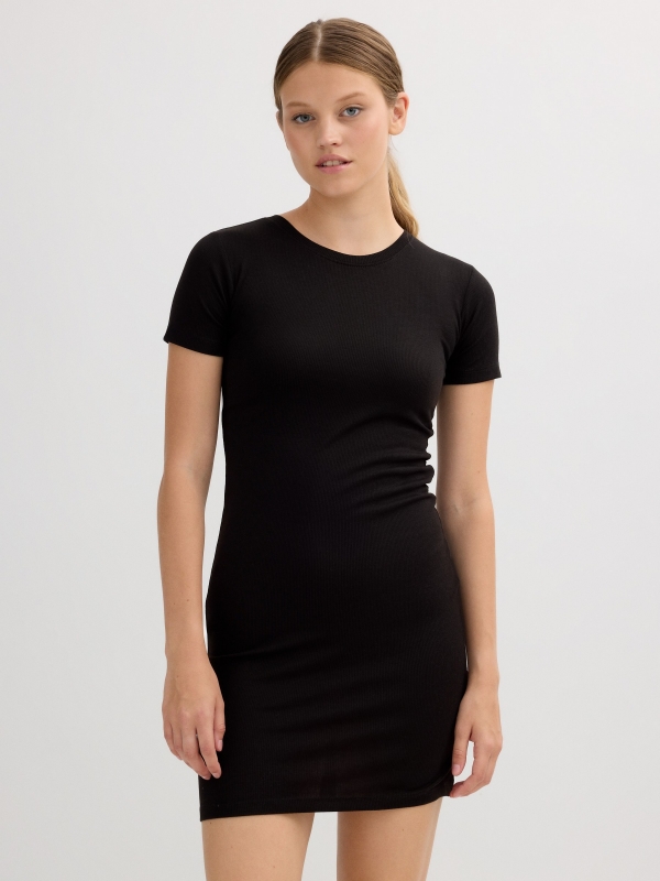 Basic ribbed dress black middle front view