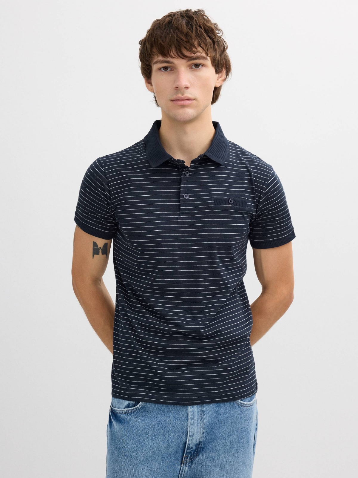 Striped polo navy middle front view
