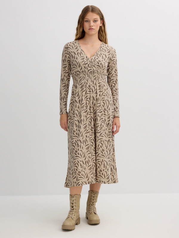 Midi dress with leaf print raw middle front view