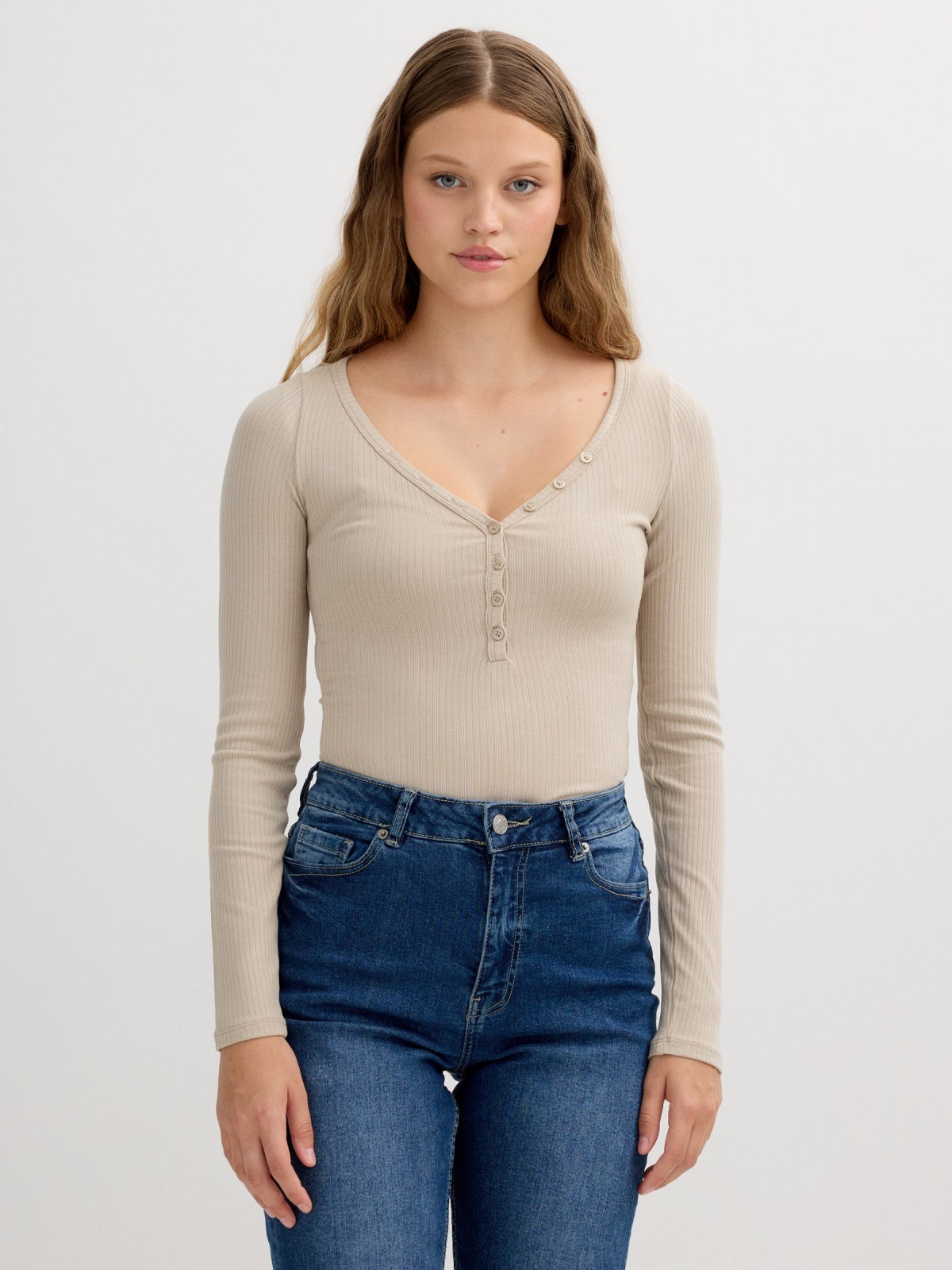 Ribbed button long sleeve shirt raw middle front view