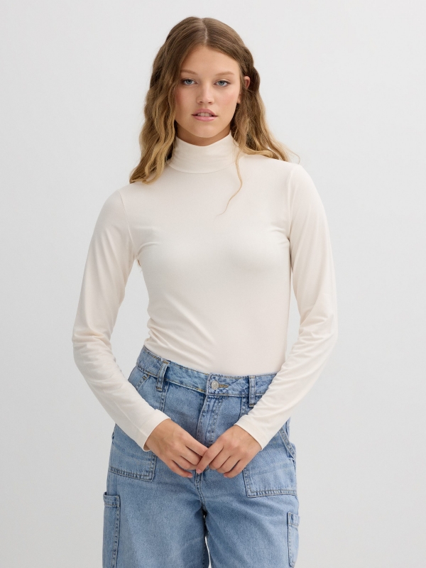Camiseta de manga longa gola alta off white vista meia frontal