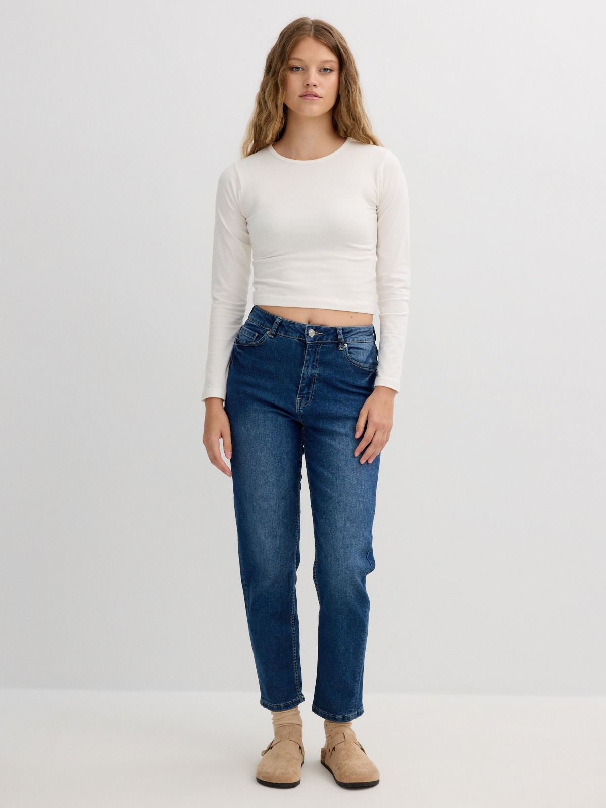 Jeans de cintura alta reto azul escuro azul escuro vista geral frontal