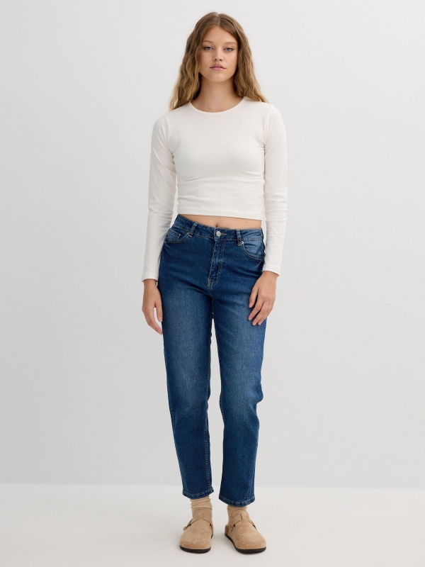 Dark blue high rise straight jeans dark blue front view
