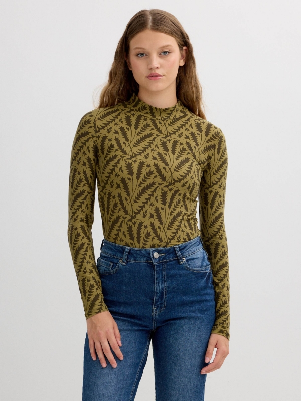Long sleeve t-shirt with perkins collar and leaf print olive green middle front view