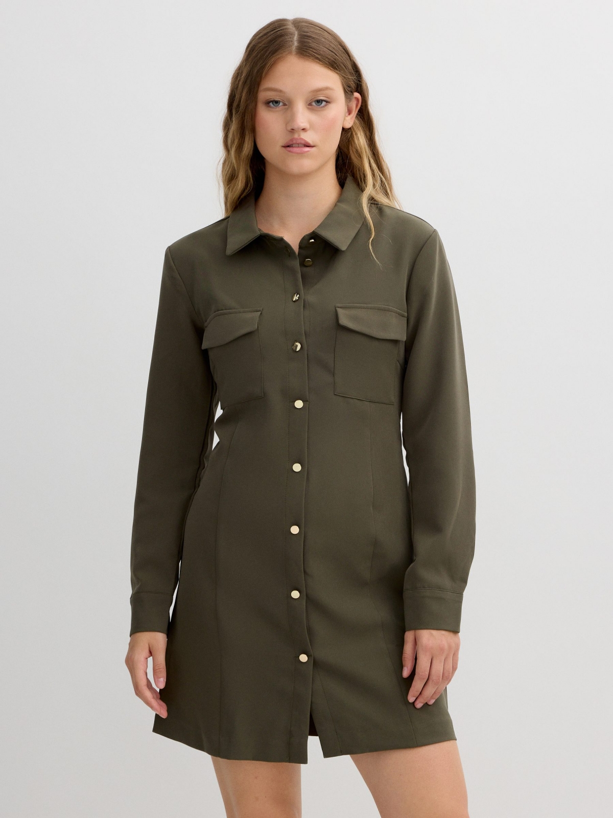Mini button dress khaki middle front view