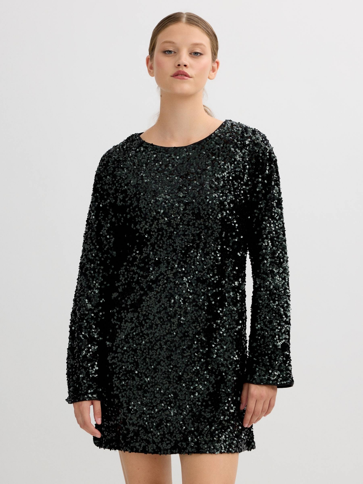 Vestido mini lentejuelas negro vista media frontal