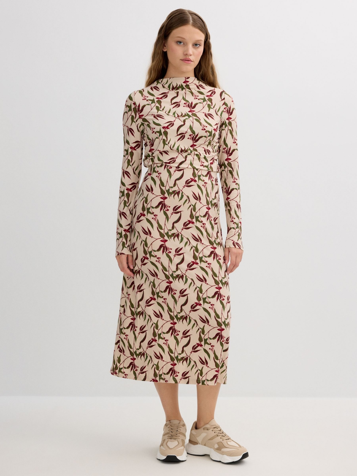 Saia midi estampada off white vista meia frontal