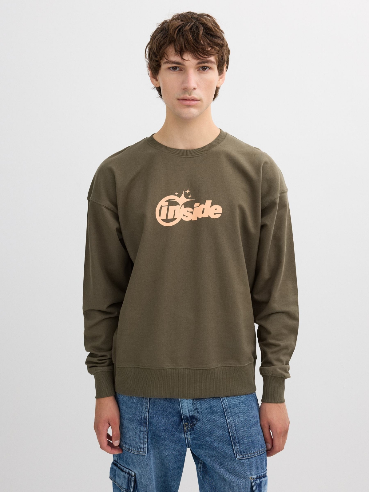 Text print sweatshirt khaki middle front view