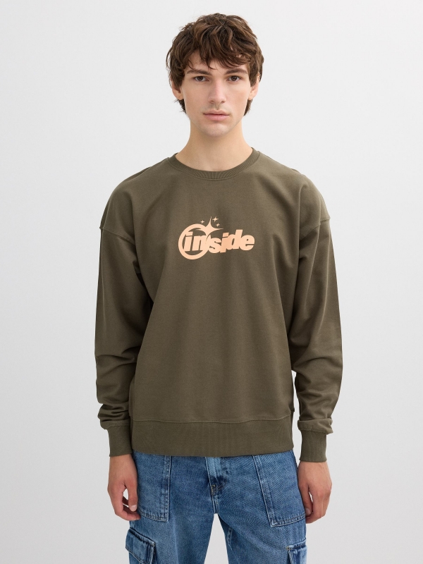 Text print sweatshirt khaki middle front view