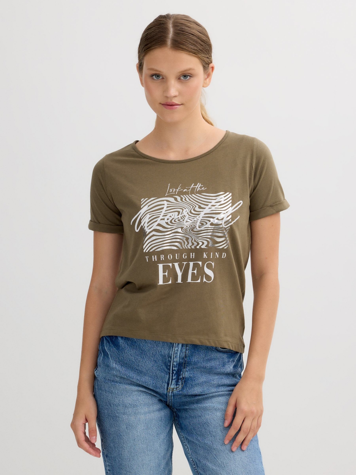 Camiseta de manga curta olhos cáqui vista meia frontal