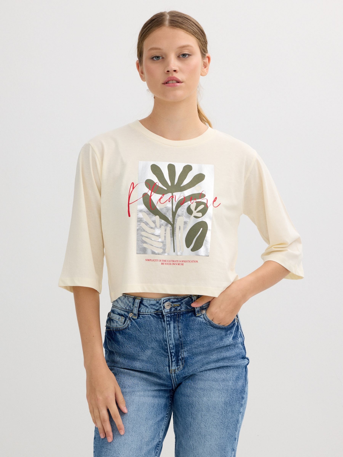 Camiseta estampado musa blanco roto vista media frontal
