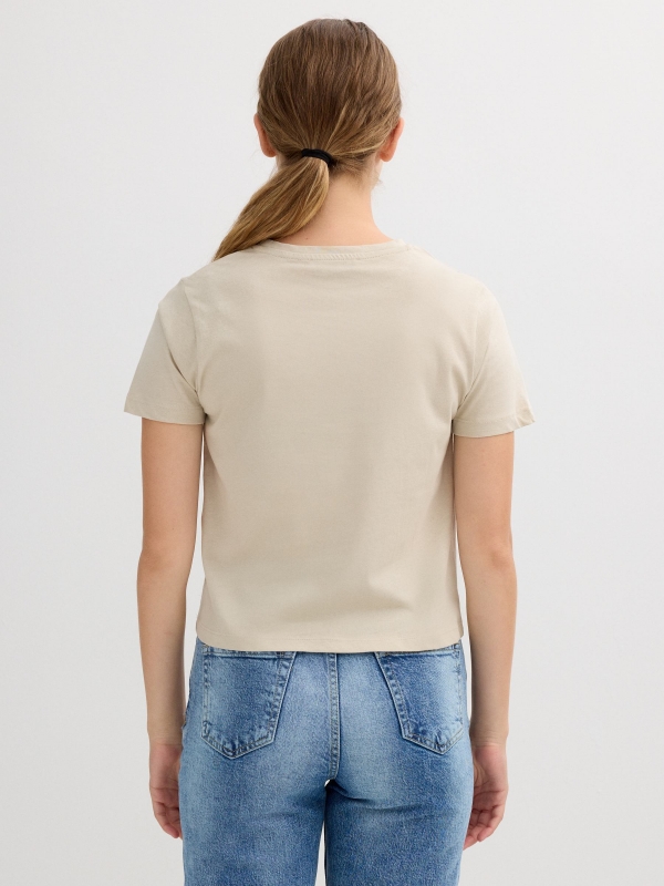 Short sleeve text t-shirt taupe middle back view