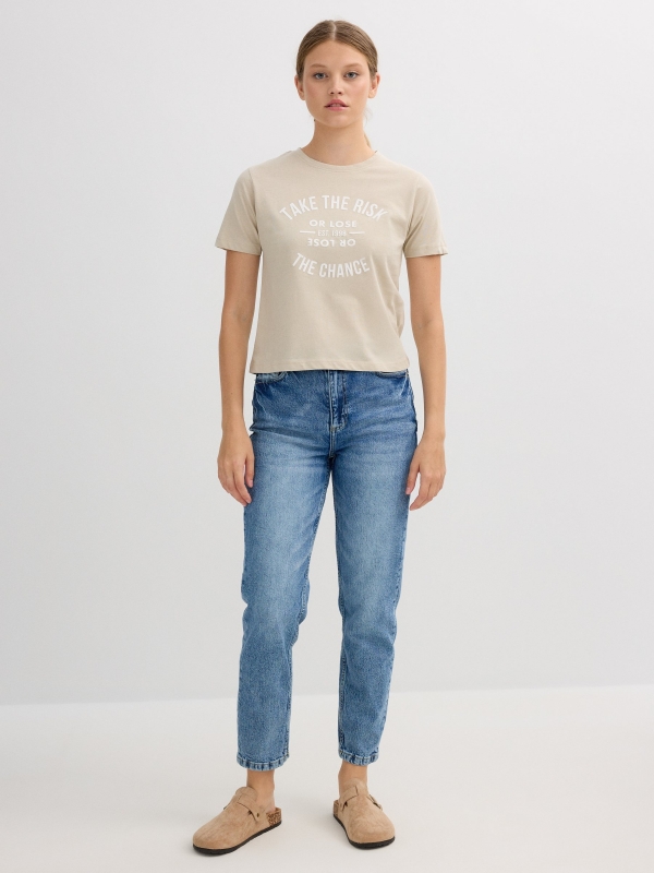 Short sleeve text t-shirt taupe front view
