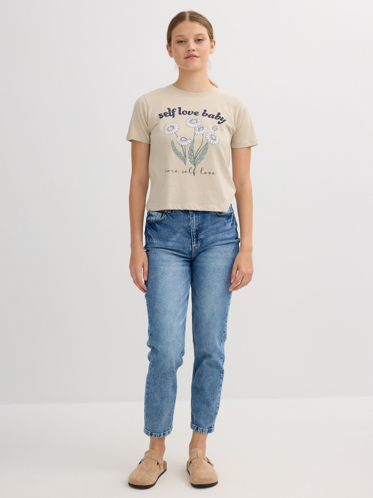 Floral short-sleeve shirt taupe front view