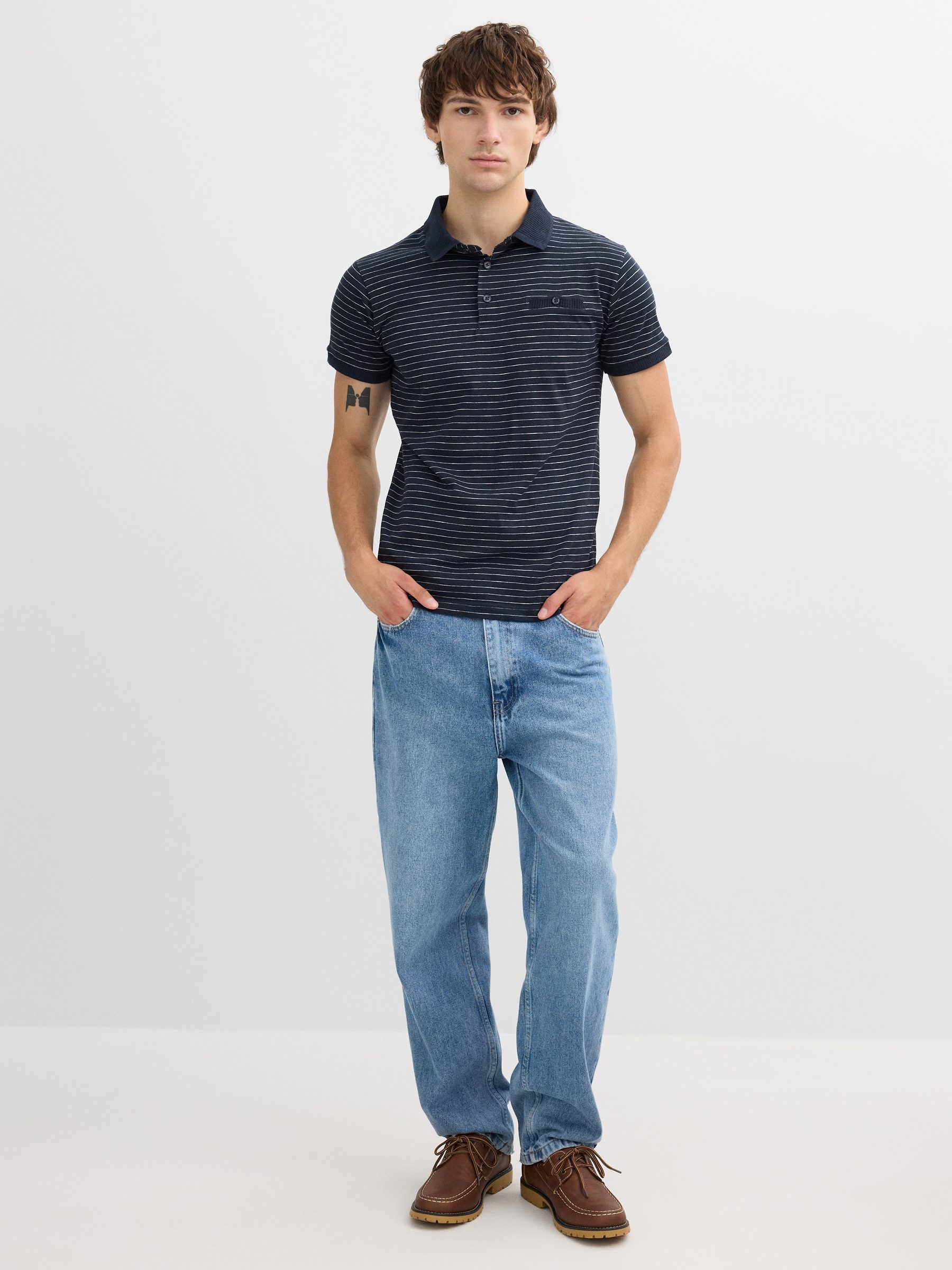 Striped polo navy middle front view