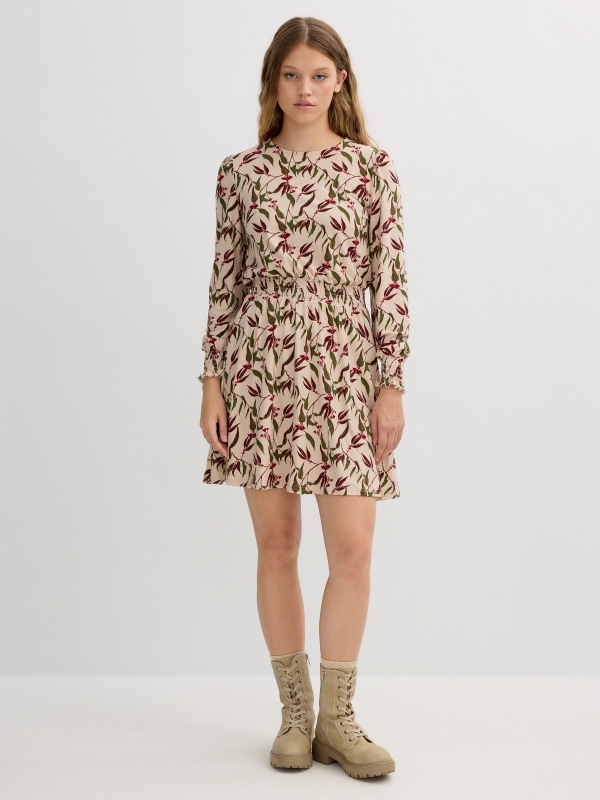 Short printed dress off white front view