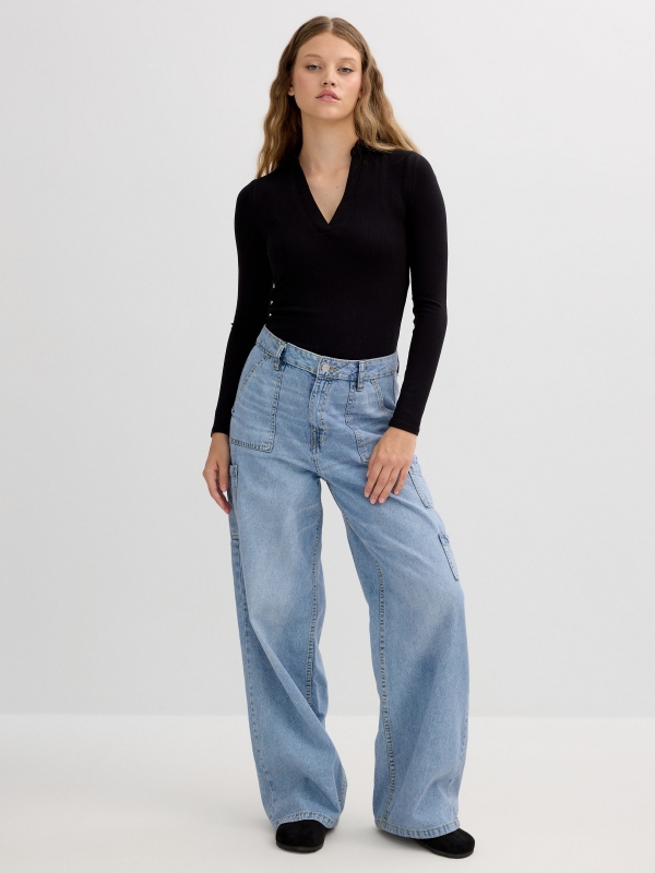 Long-sleeve polo neck shirt black front view