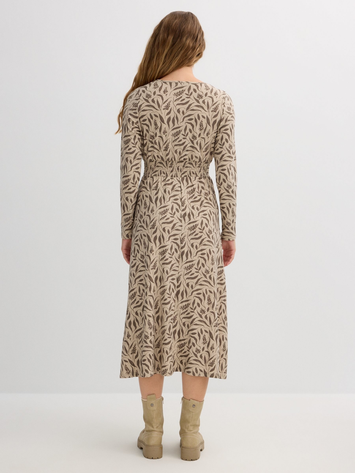 Midi dress with leaf print raw middle back view