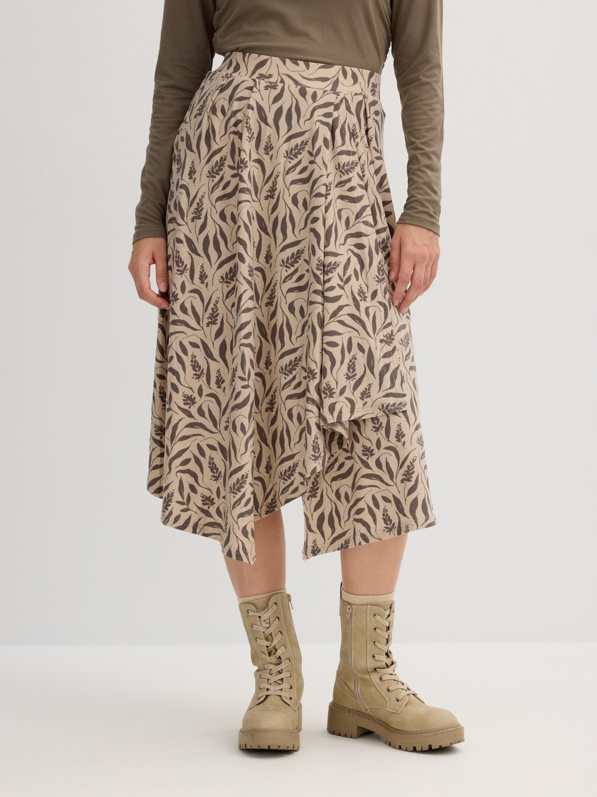 Saia midi estampada folhas crua vista geral frontal
