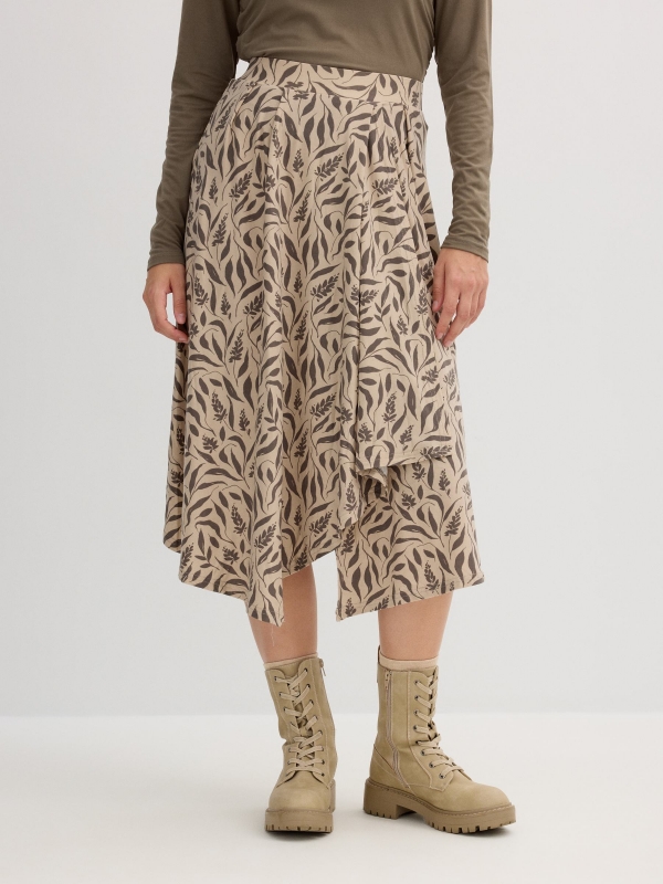 Saia midi estampada folhas crua vista geral frontal