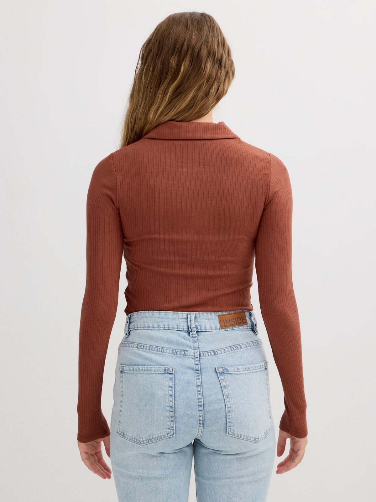 Long-sleeve polo neck shirt cinnamon middle back view