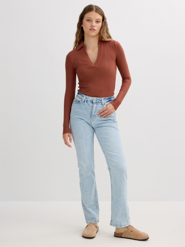 Long-sleeve polo neck shirt cinnamon front view