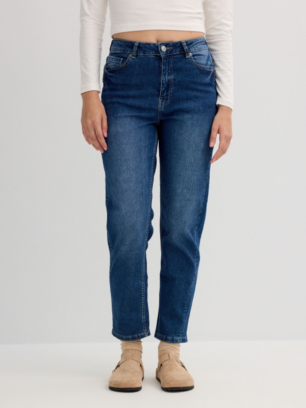 Dark blue high rise straight jeans dark blue middle front view