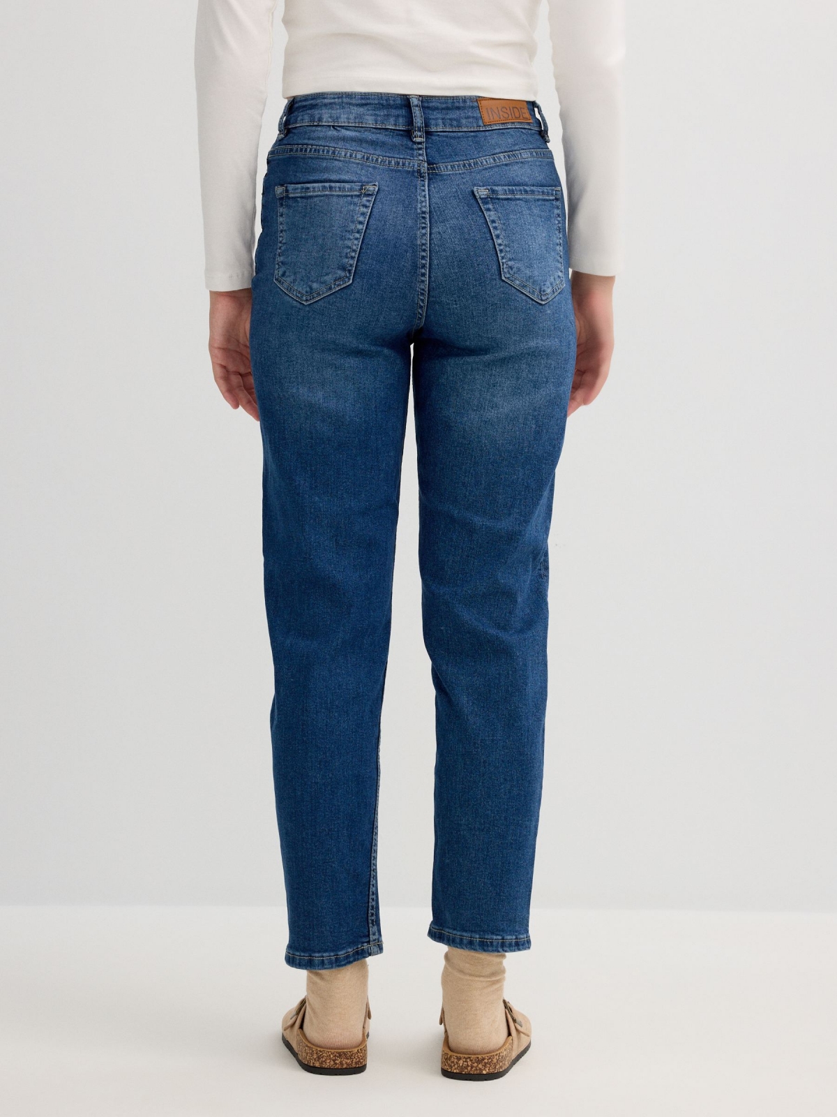 Dark blue high rise straight jeans dark blue middle back view