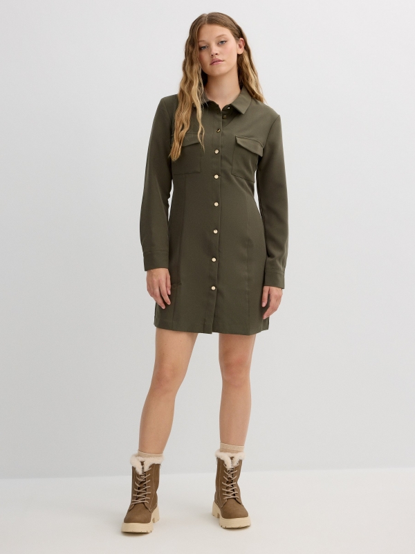 Mini button dress khaki front view