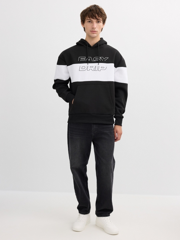White and black color block hoodie black front view