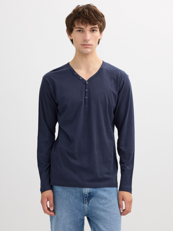 Camiseta manga larga lisa cuello botones azul marino vista media frontal
