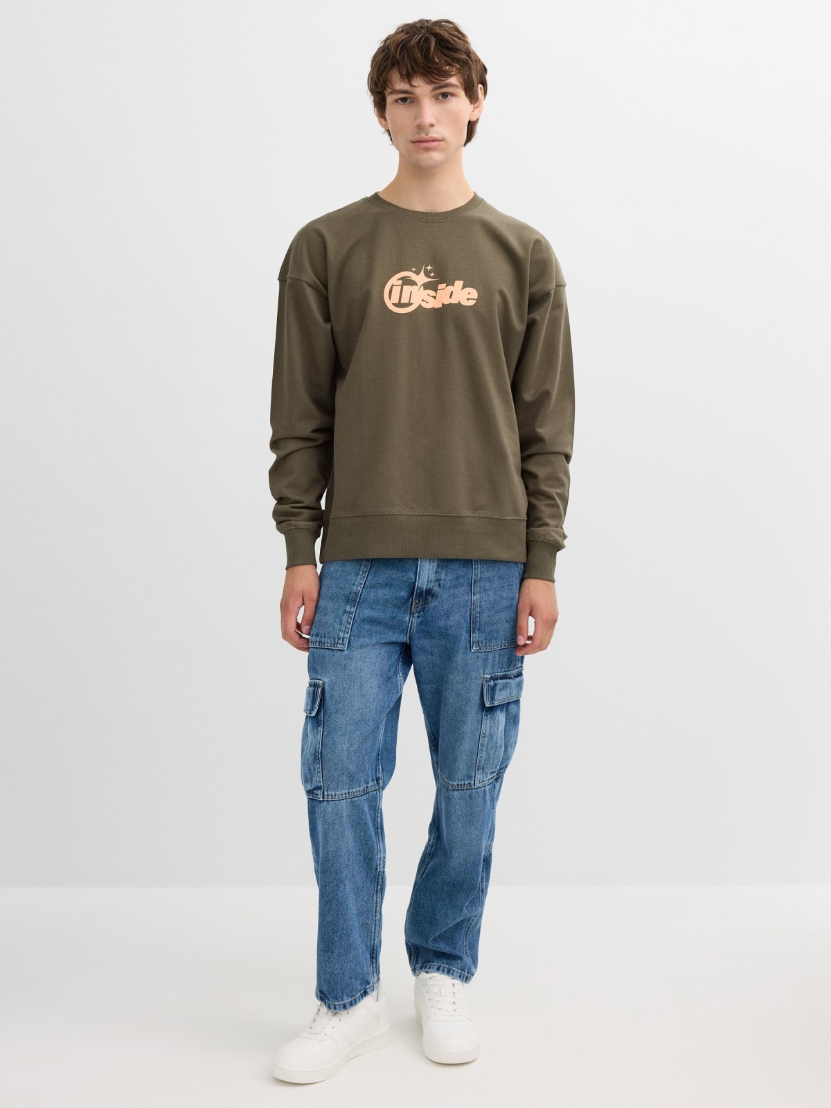 Text print sweatshirt khaki front view