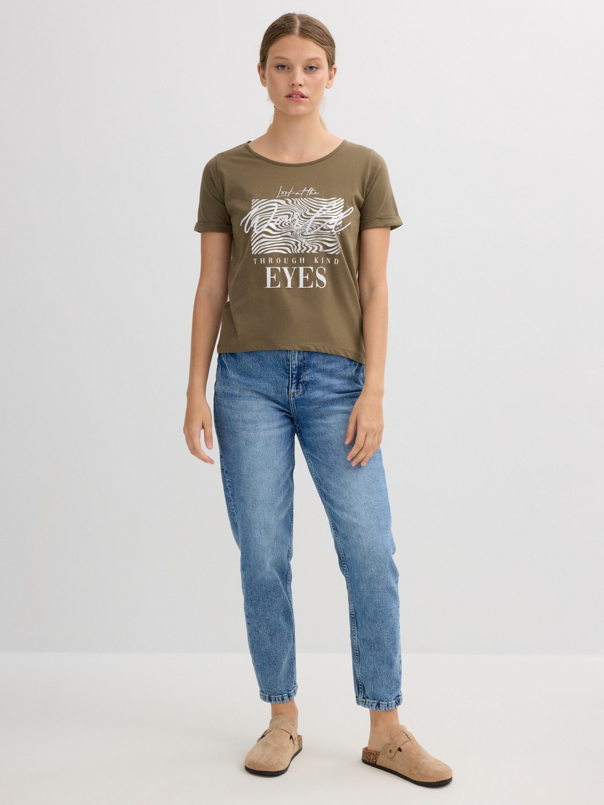 Camiseta de manga curta olhos cáqui vista geral frontal