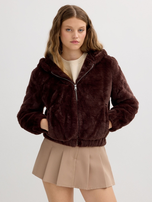 Fur effect jacket chocolate middle front view