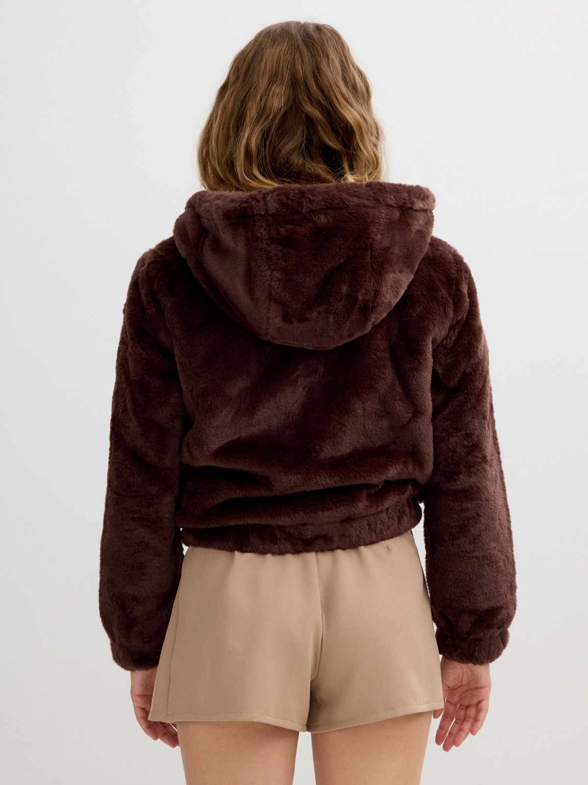 Fur effect jacket chocolate middle back view