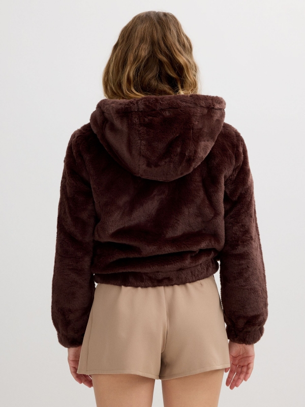 Fur effect jacket chocolate middle back view
