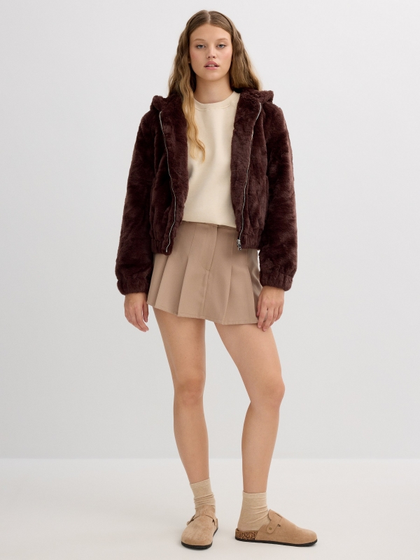 Fur effect jacket chocolate front view