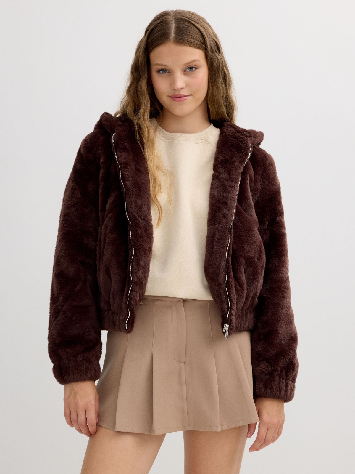 Fur effect jacket chocolate detail view