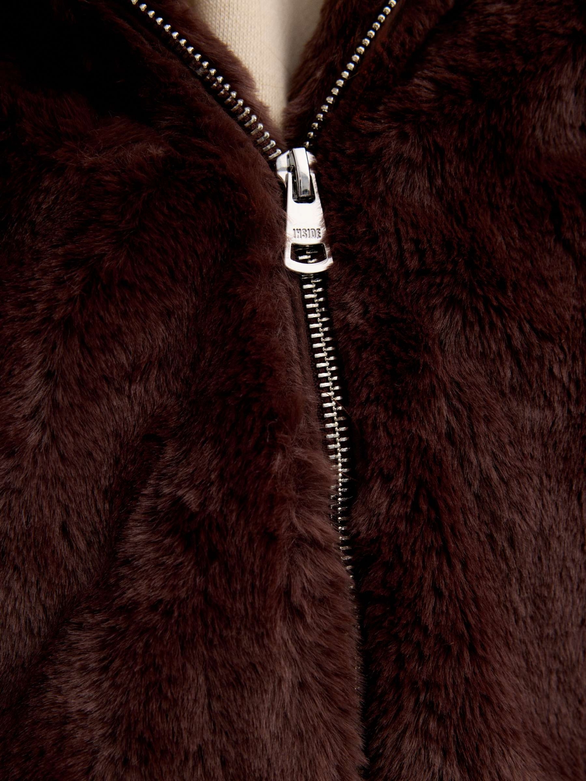 Fur effect jacket chocolate detail view
